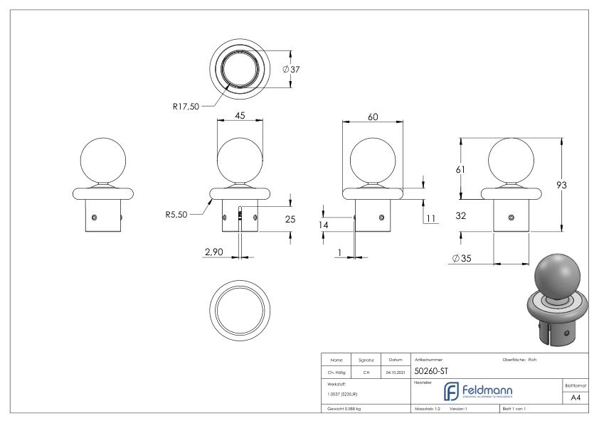 Kugelrohrknopf Eisen für 42,4mm