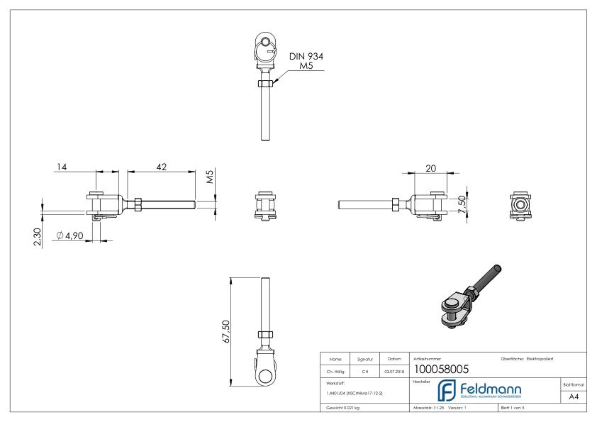 Gabelterminal mit Außengew. M5 rechts, V4A