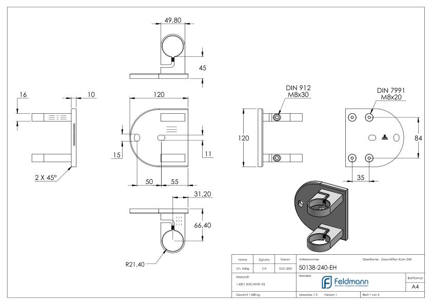 Endhalter für Geländerpfosten 42,4mm, V2A
