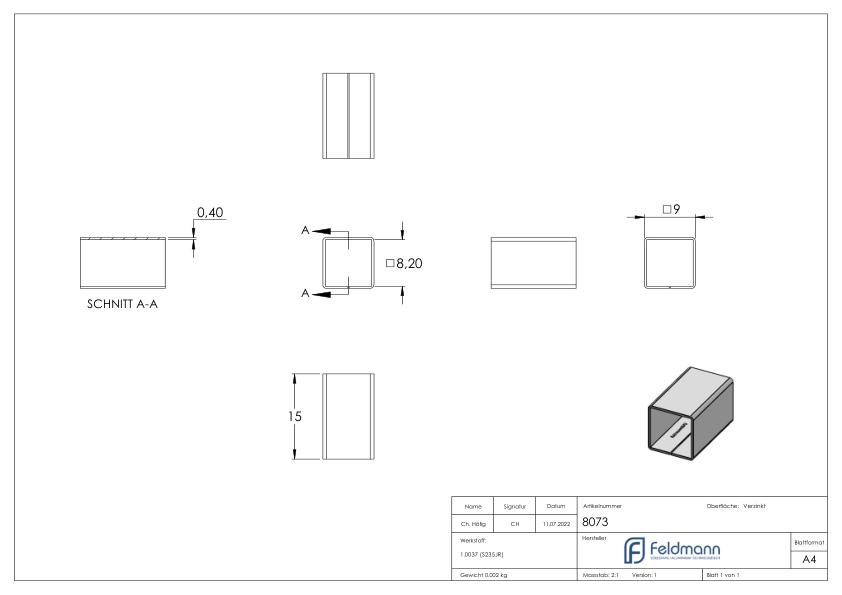 Ausgleichshülse von 8x8 auf 9x9mm, Länge 15mm, verzinkt Ausgleichshülse von 8x8 auf 9x9mm, Länge 15mm, verzinkt