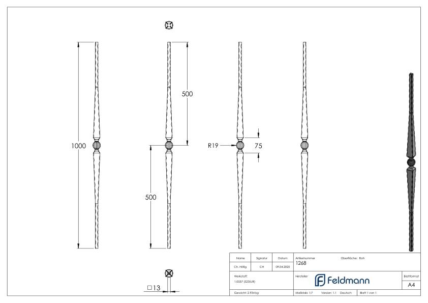 Zierstab 13x13mm, gehämmert, H: 1000mm