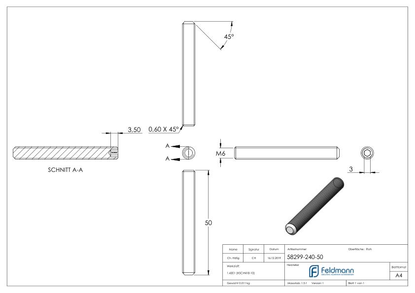 Gewindestift M6x50, V2A, DIN 913 / ISO 4026