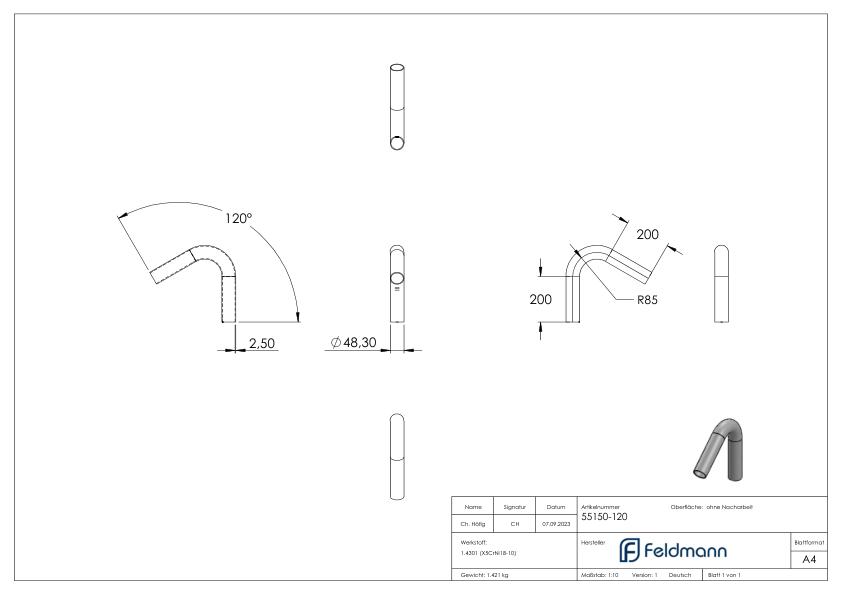 Rohrbogen 120°, aus Rohr 48,3x2,5mm, V2A