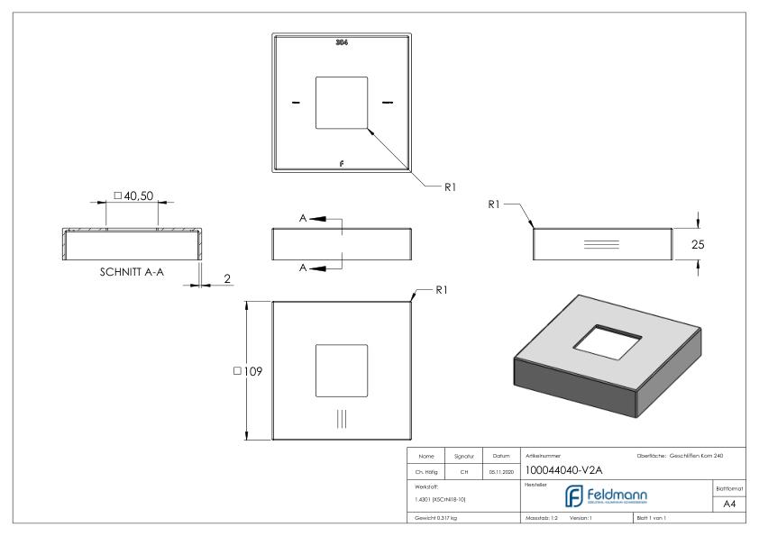 Abdeckrosette, 109x109x25mm ,quadratisch, V2A
