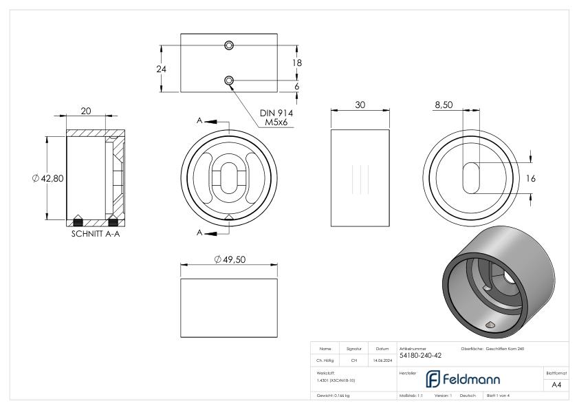 Wandbefestigung für Rohr 42,4mm, V2A