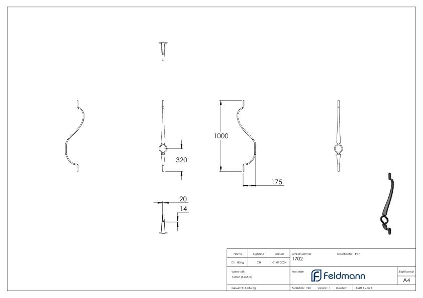 Korbgitterstab 20x12mm, gehämmert, H: 1000mm