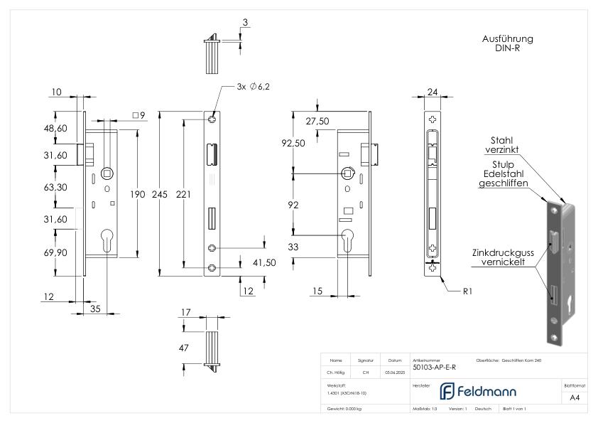 Rohrrahmenschloss verzinkt mit Dornmaß 35mm, mit Anti-Panikfunktion E, DIN rechts