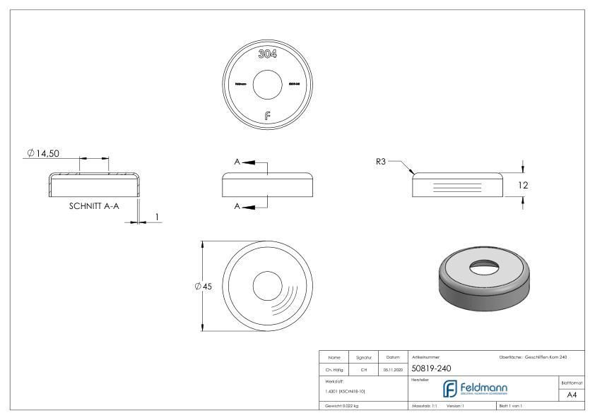 Abdeckrosette, 45x12mm, Bohrung 14,5mm, V2A