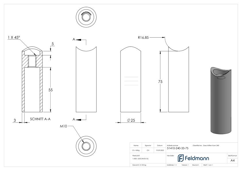 Wandhalter für Rohr 33,7mm, L: 75mm, V2A Wandhalter für Rohr 33,7mm, L: 75mm, V2A