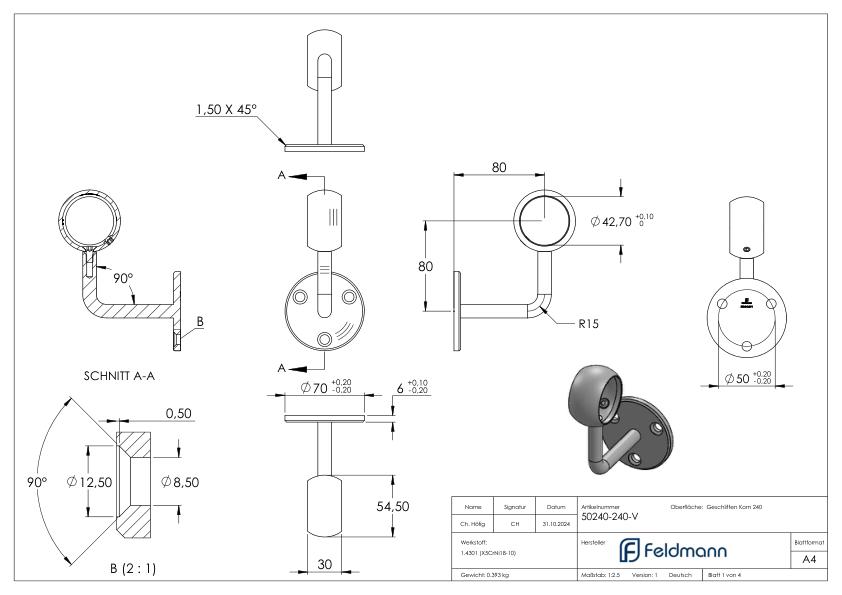 Handlaufhalter mit Kugelring für Rohr 42,4mm (Ronde und Bügel verschweißt), V2A