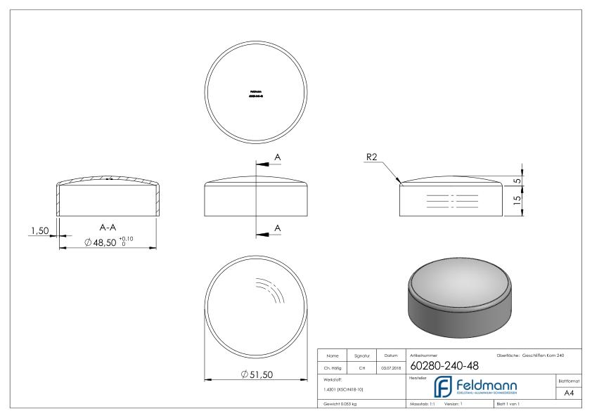 Endkappe zum Überstecken für Rohr 48,3mm, V2A