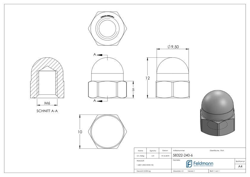 Sechskant-Hutmutter M6, DIN 1587, V2A