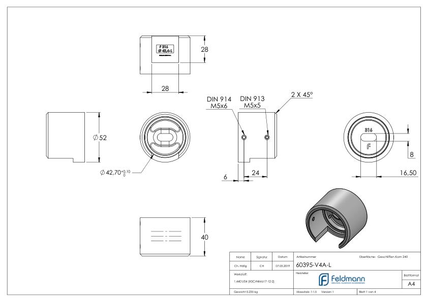 Wandbefestigung für Nutrohr 42,4mm, links, V4A