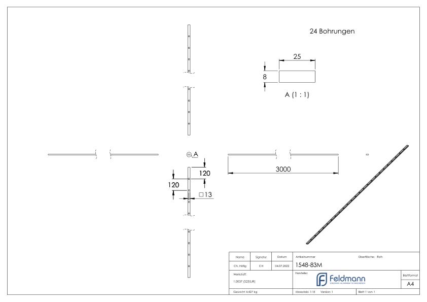 Lochleiste 25x8mm, Lochabstand 120mm, 3000mm