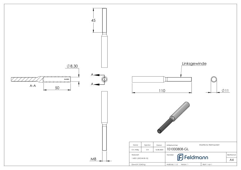 Gewindeterminal für Seil 8mm, V2A