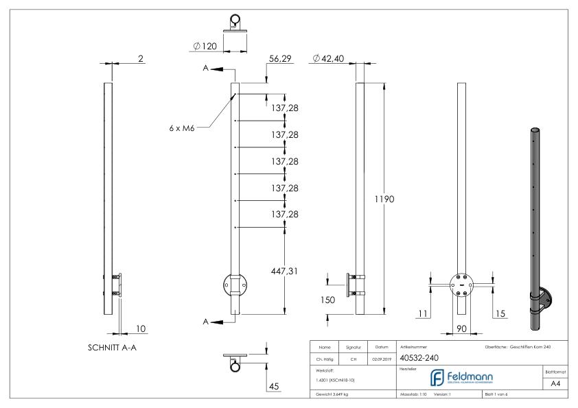 Edelstahlpfosten V2A zur Wandmontage, H: 1190mm