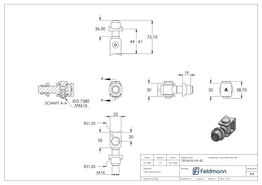 Torband mit Gewindehülse M16 für Rohr 42,4mm, V2A