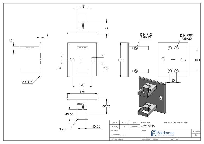 Wandbefestigung für Geländerpfosten 40x40mm, V2A
