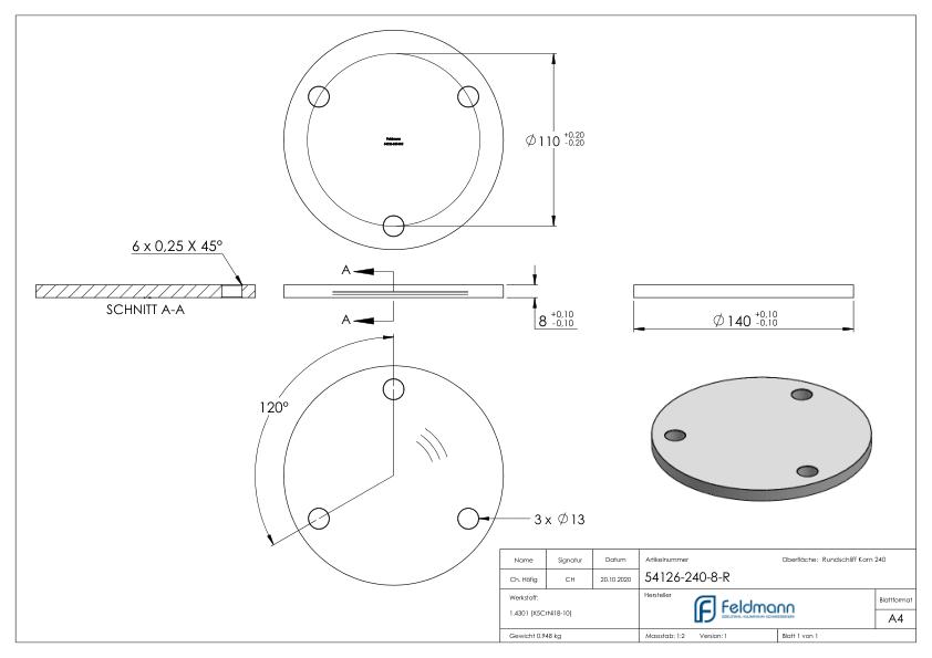 Ankerplatte Ø 140x8mm, mit Rundschliff, V2A