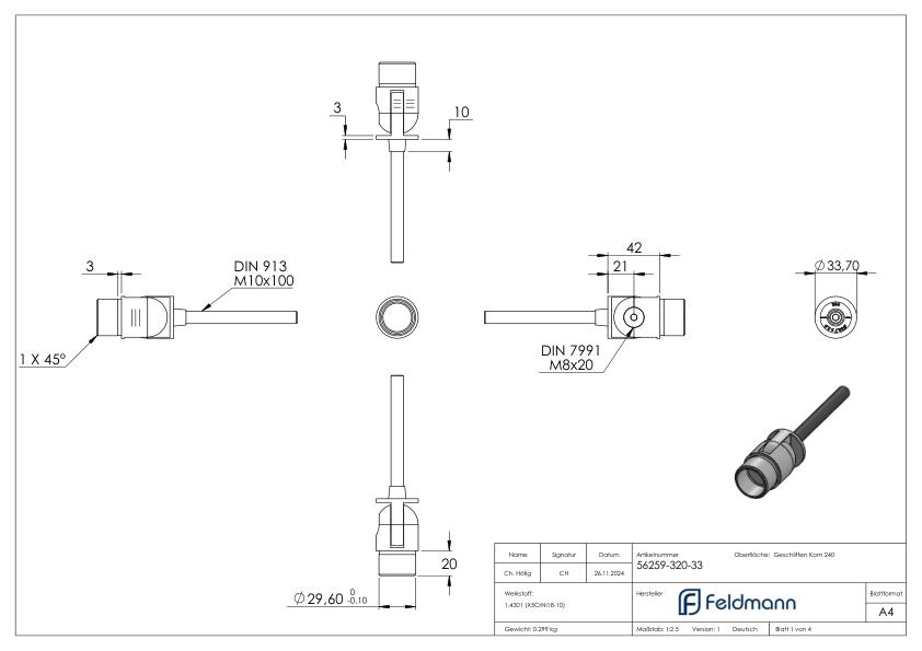 Wandhalter mit Gelenk zum Einbetonieren für Rohr 33,7x2,0mm, V2A