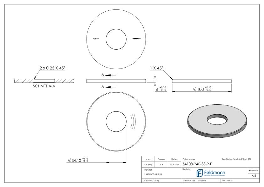 Ankerplatte Ø 100x6mm, mit Rundschliff und Fase, V2A