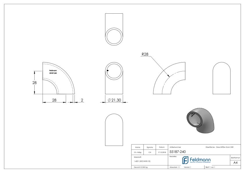 Schweißbogen 90°, 21,3x2,0mm, V2A
