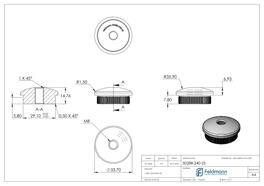 Rohrabschlussstopfen, für Rohr 33,7x2,5mm, V2A