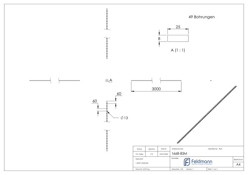 Lochleiste S235JR, 25x8mm, Lochabstand 60mm, 3000mm