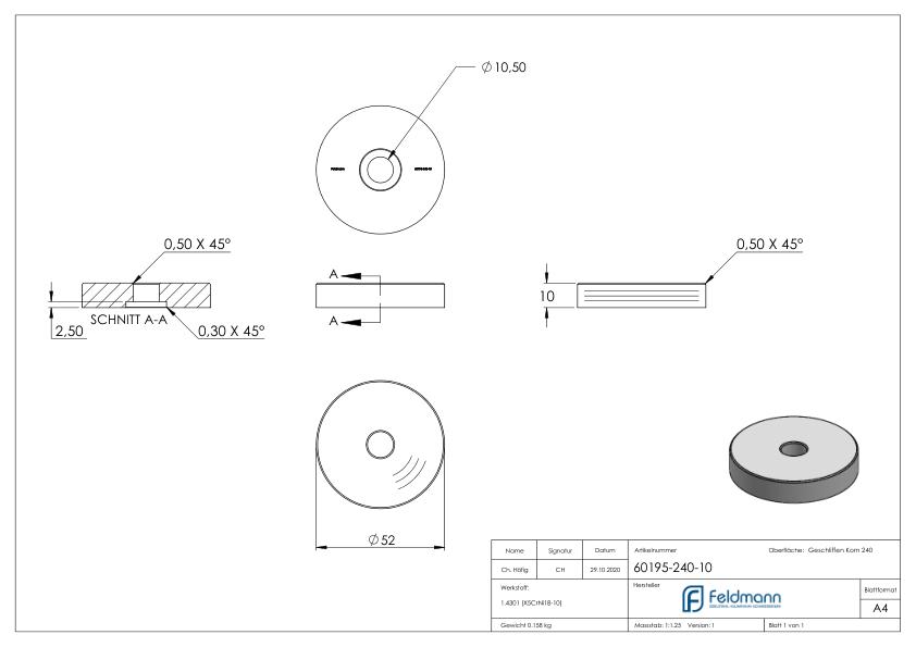 Unterteil Ø 52 mm, mit Durchgangsbohrung , t: 10mm, V2A Unterteil Ø 52 mm, mit Durchgangsbohrung , t: 10mm, V2A