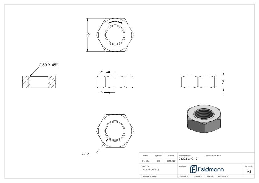 Sechskantmutter M12, flache Form, V2A