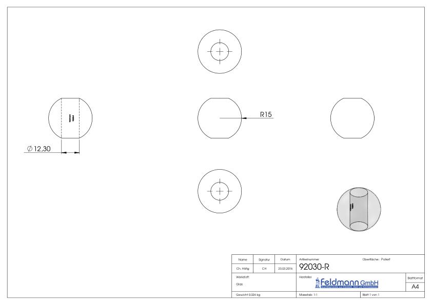 Glaskugel rot Ø 30mm mit Durchgangsbohrung 12,3mm