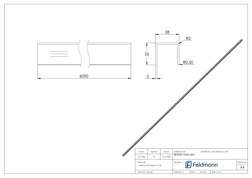 Edelstahl-U-Profil, 28x26x2mm, L: 6000mm, V4A