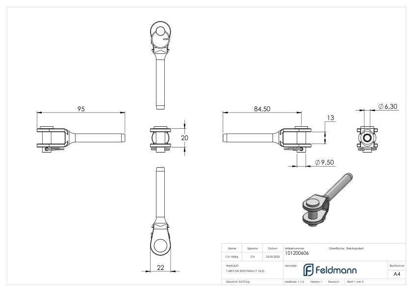 Gabelterminal zum Selbstverpressen für Seil Ø 6mm, V4A