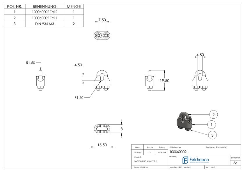 Drahtseilklemmen für Seil 2mm, mit Gew. M4, V4A