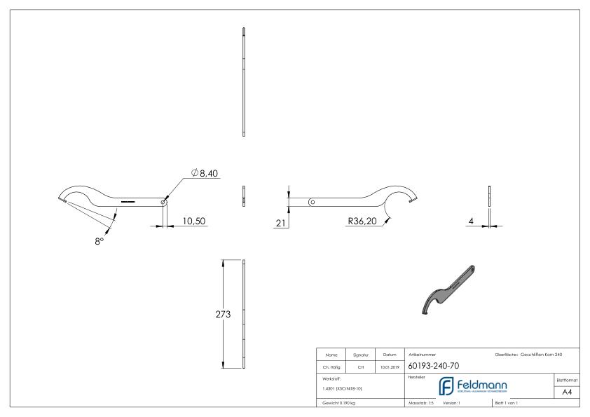 Gabelschlüssel für Glaspunkthalter 72mm, V2A