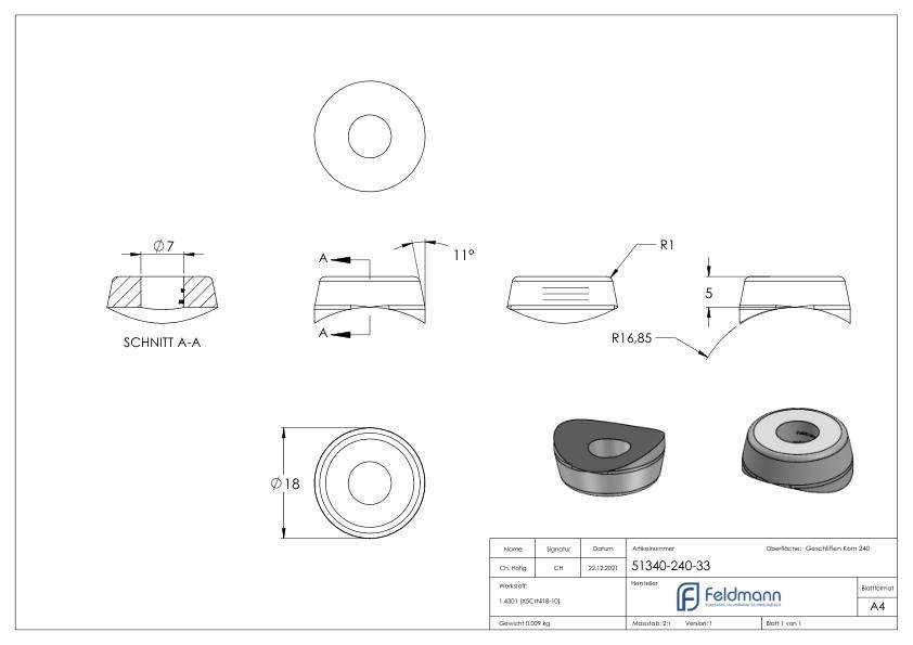 Ausgleichsstück für Rohr 33,7mm, Ø 18mm, mit Bohrung 7mm, V2A