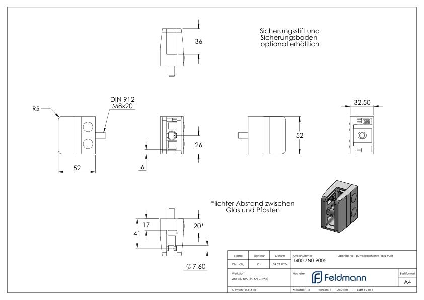 Glasklemme Mod. 14, Anschluss: gerade, Zink roh pulverbeschichtet RAL 9005 glänzend