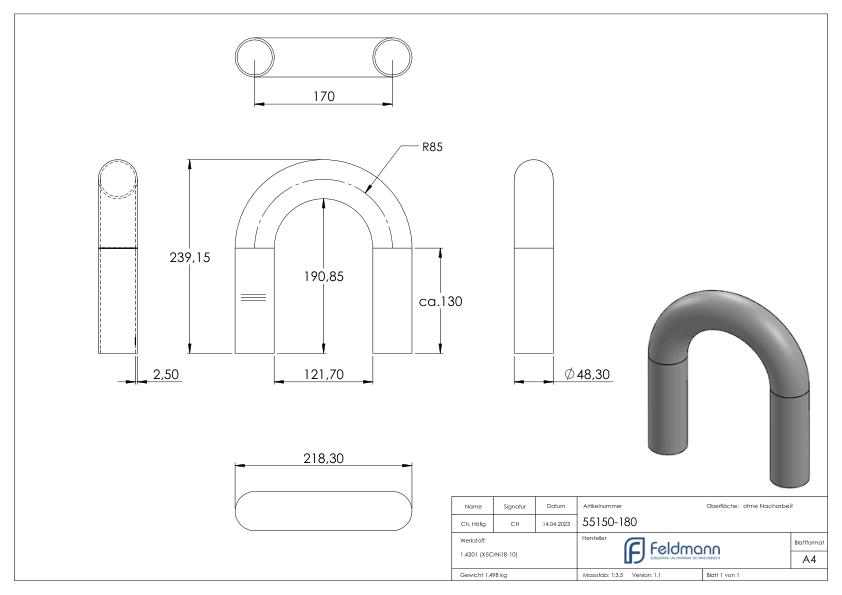 Bogen | V2A | 180°, Schweißbar, aus Rundrohr: 33,7x2,6 mm